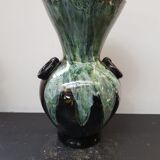 Ancien vase gaubier céramique émaillée noire coulures vert blanc vintage