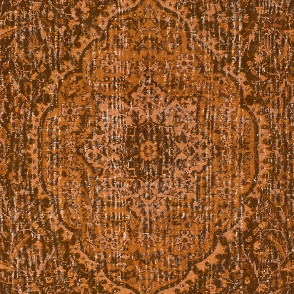 Vintage Hand-knotted Medallion Design Turkish Wool Area Rug Overdyed in Orange for Living Room