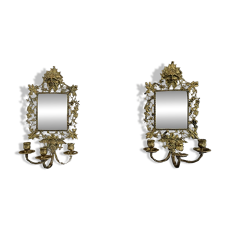 Paire d’appliques murales Napoléon III – Bronze doré & miroir biseauté
