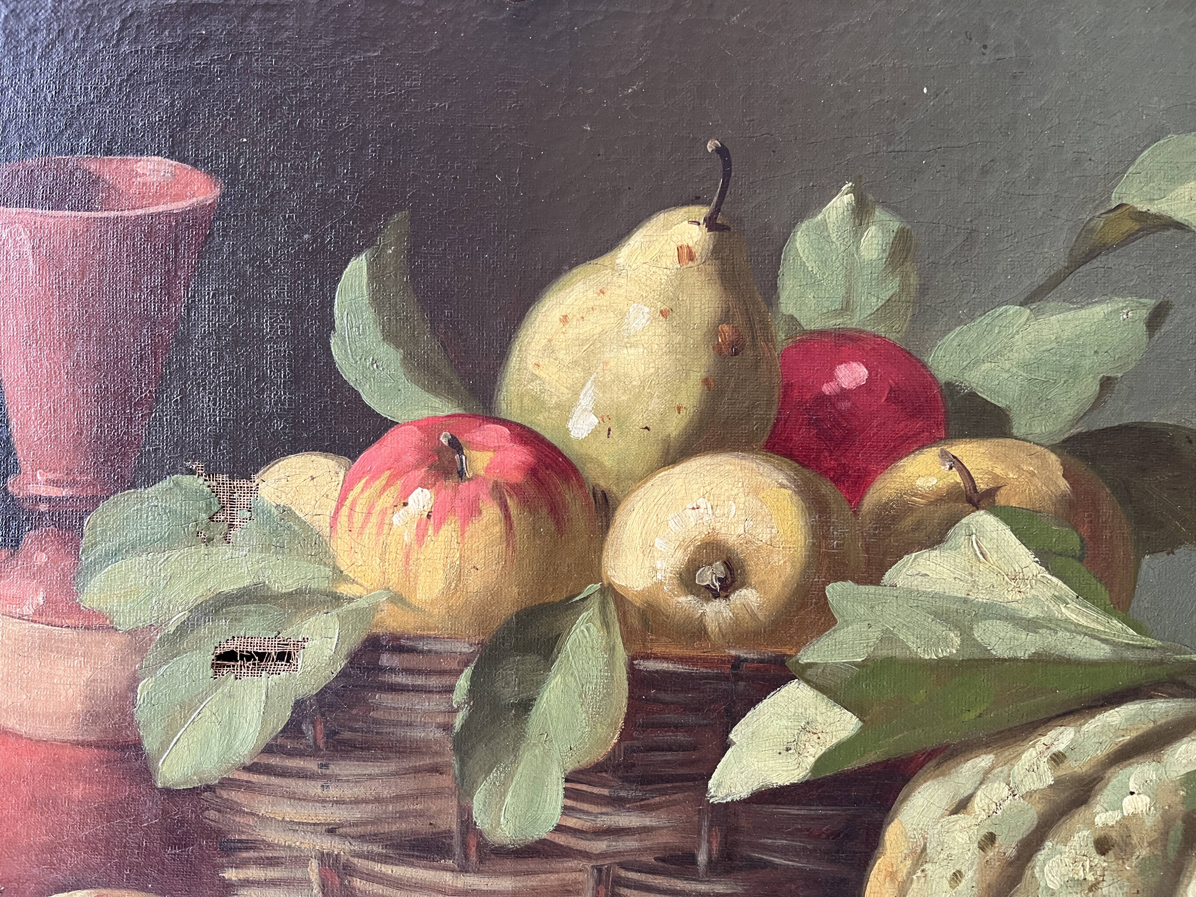 Peinture de nature morte à l'huile sur toile 1900, tableau melon et fruits
