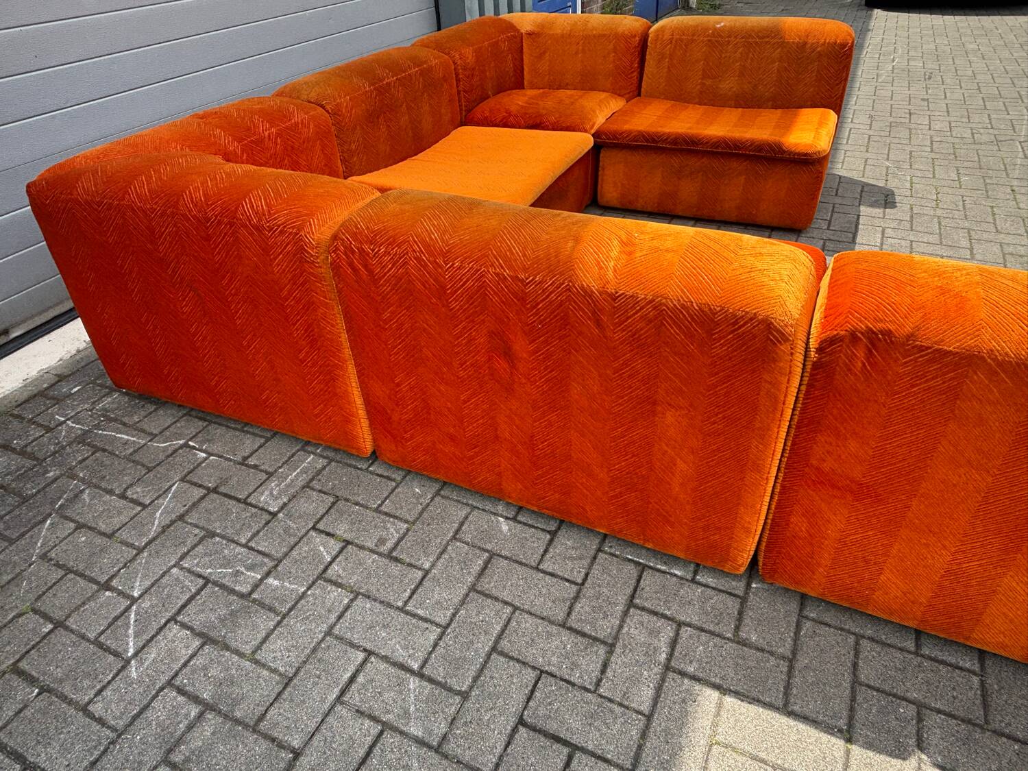 Large Mid Century sectional sofa of 6 elements in orange velvet