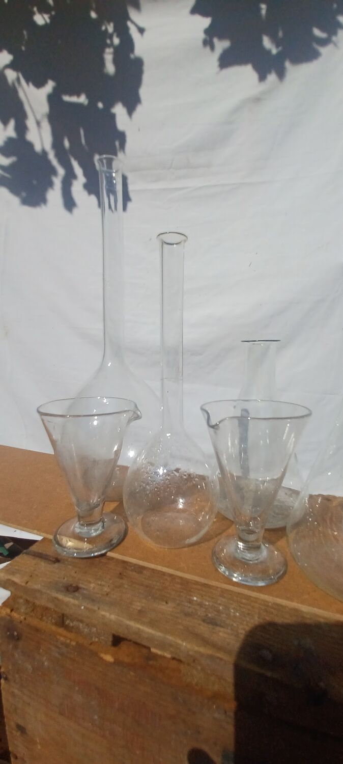 Lot of old soliflore vases chemistry laboratory equipment