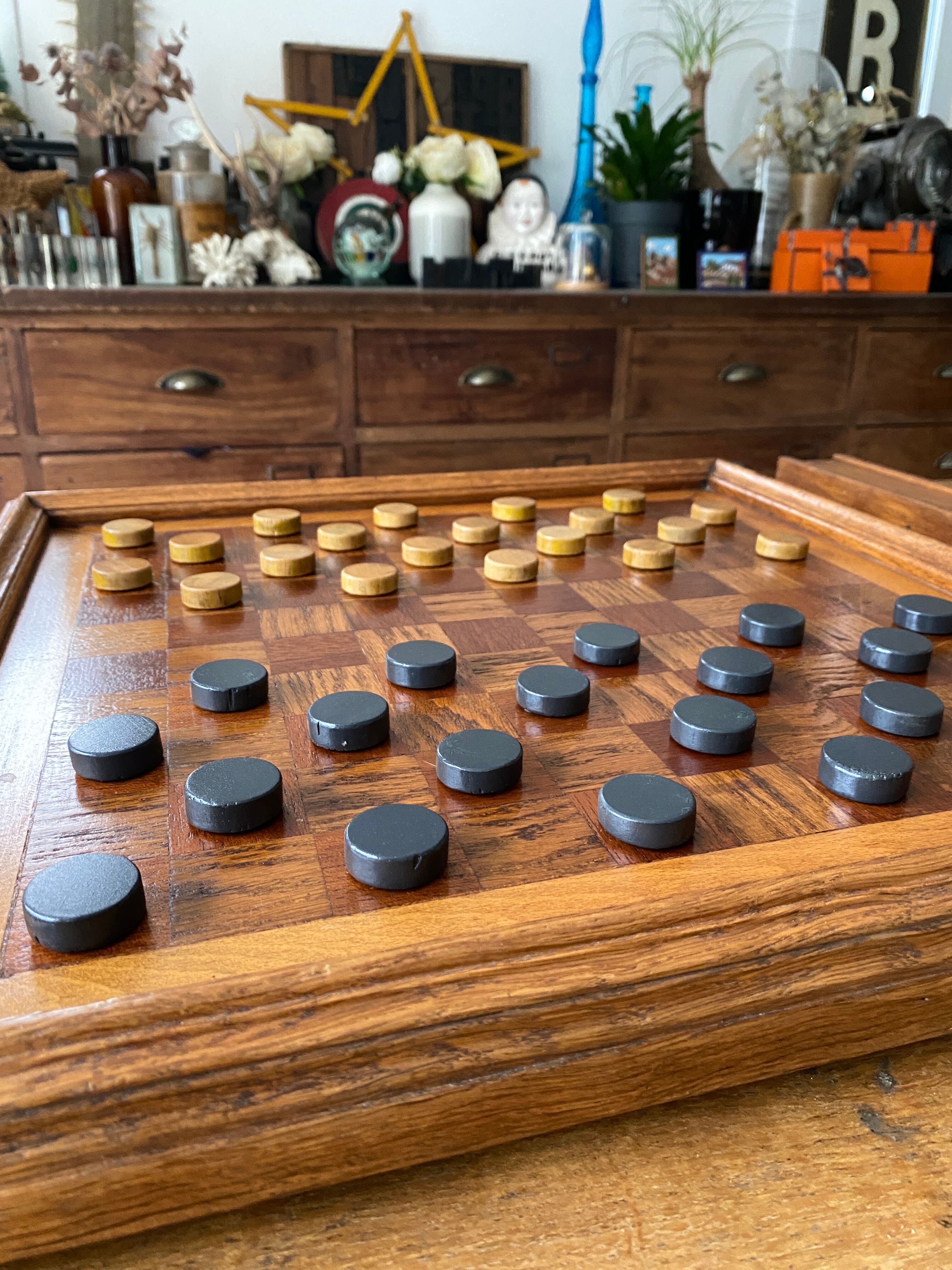 Old wooden checkers board