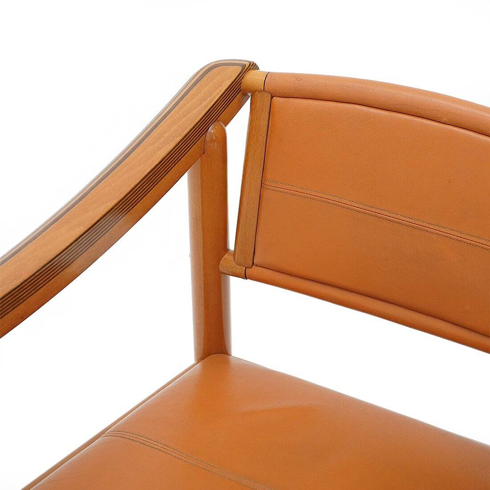 Wood and leather chairs, 1970s, set of 4
