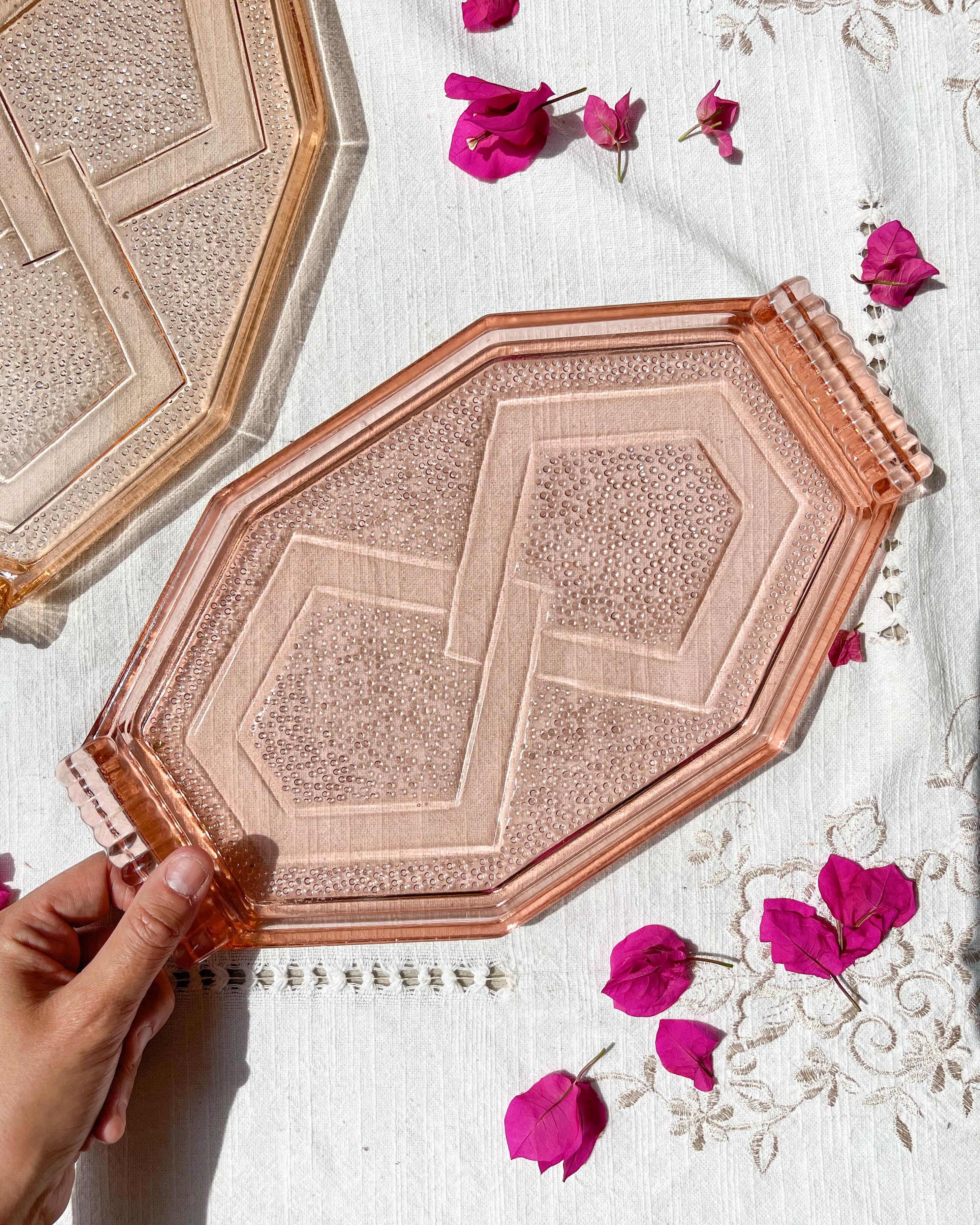 Small art deco pink glass serving trays