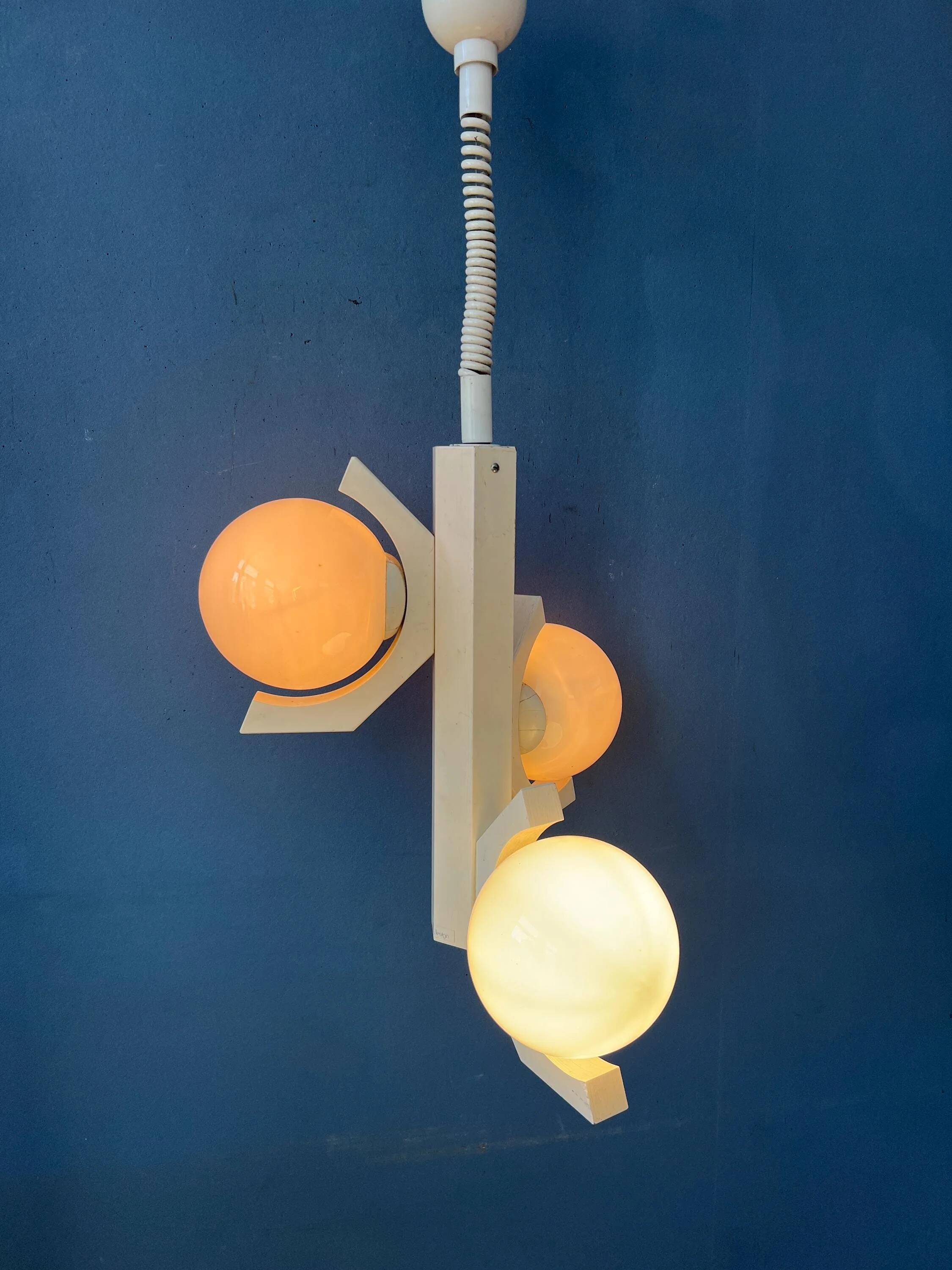 Mid-century white suspension with a bony design and opaline glass shade.