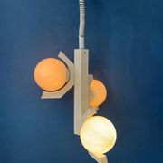 Mid-century white suspension with a bony design and opaline glass shade.