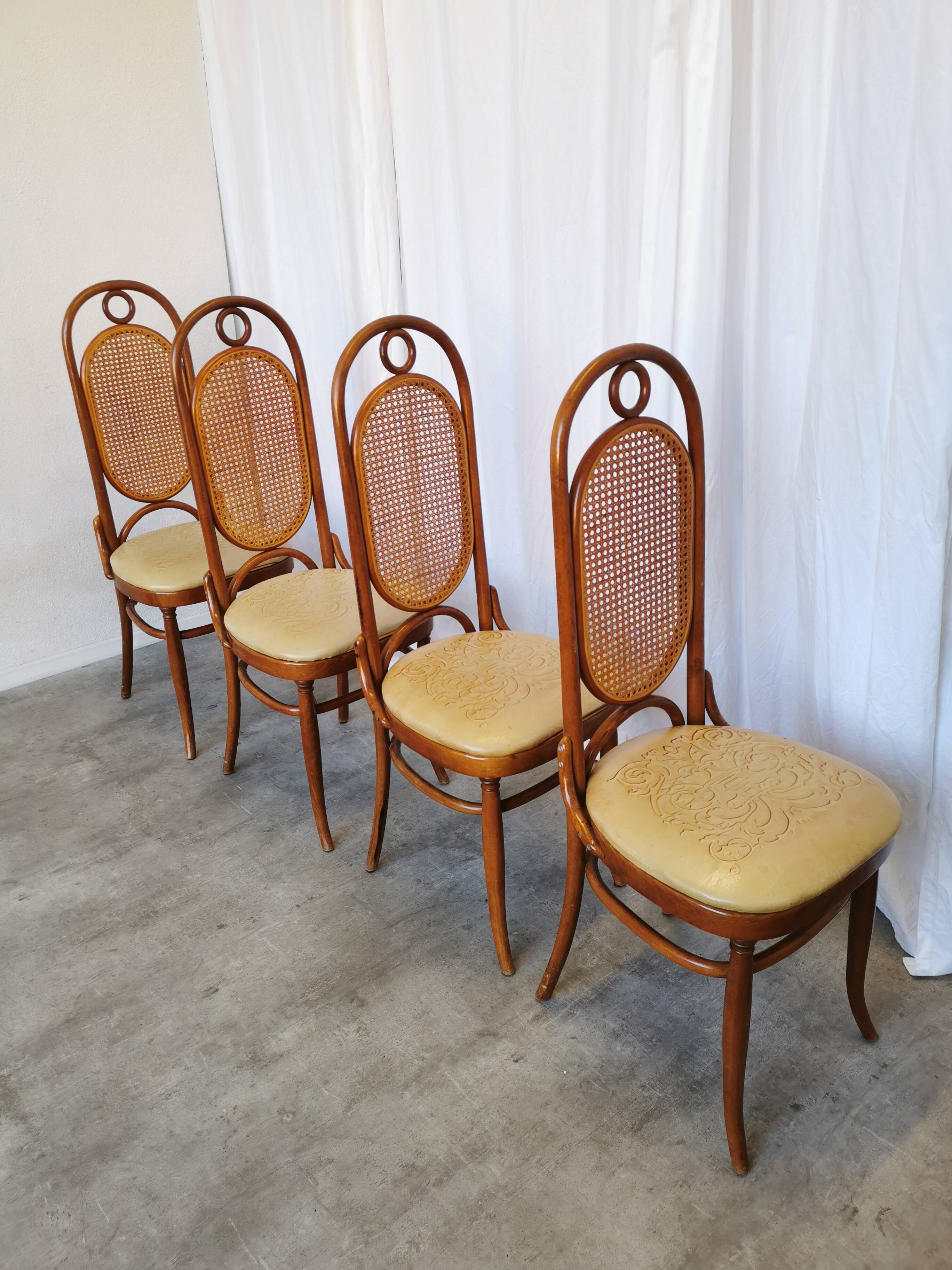 Set of 4 Vintage Bentwood Dining Chairs: Cane Back, Leather Seat, Thonet St