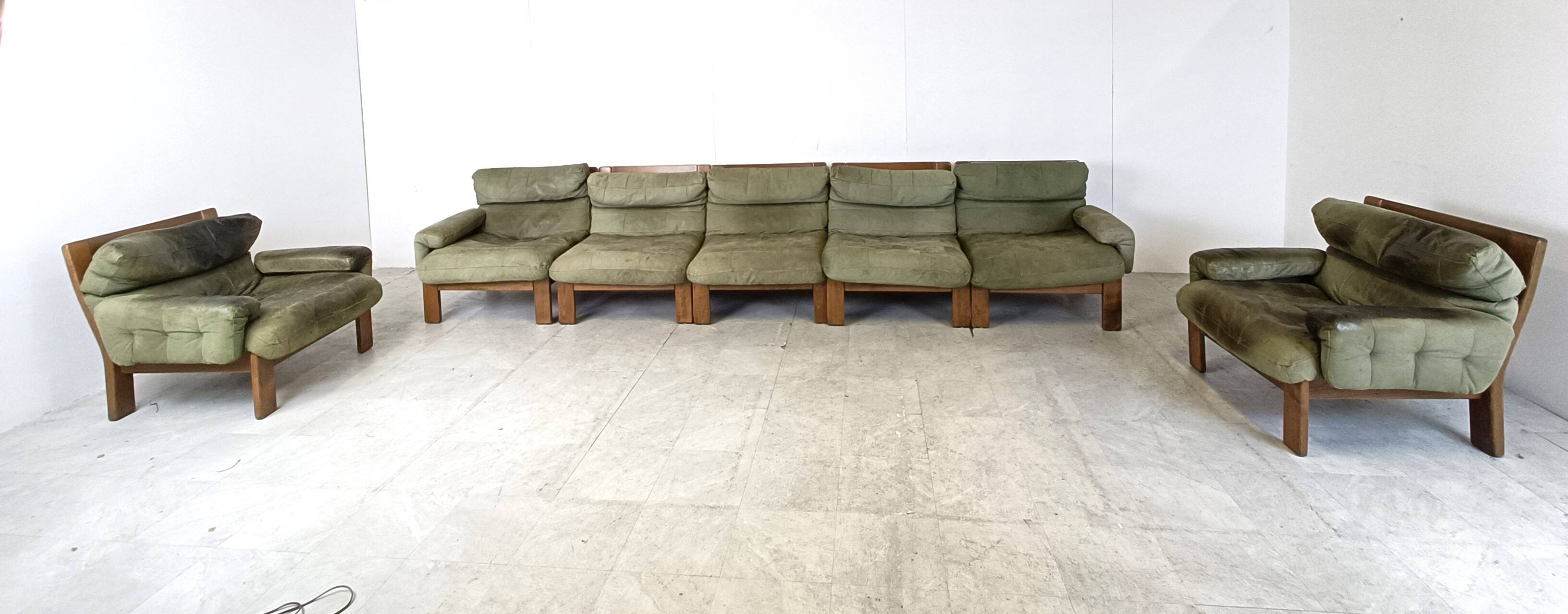 Vintage modular green leather sofa, 1960s
