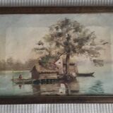 Old oil painting representing a landscape