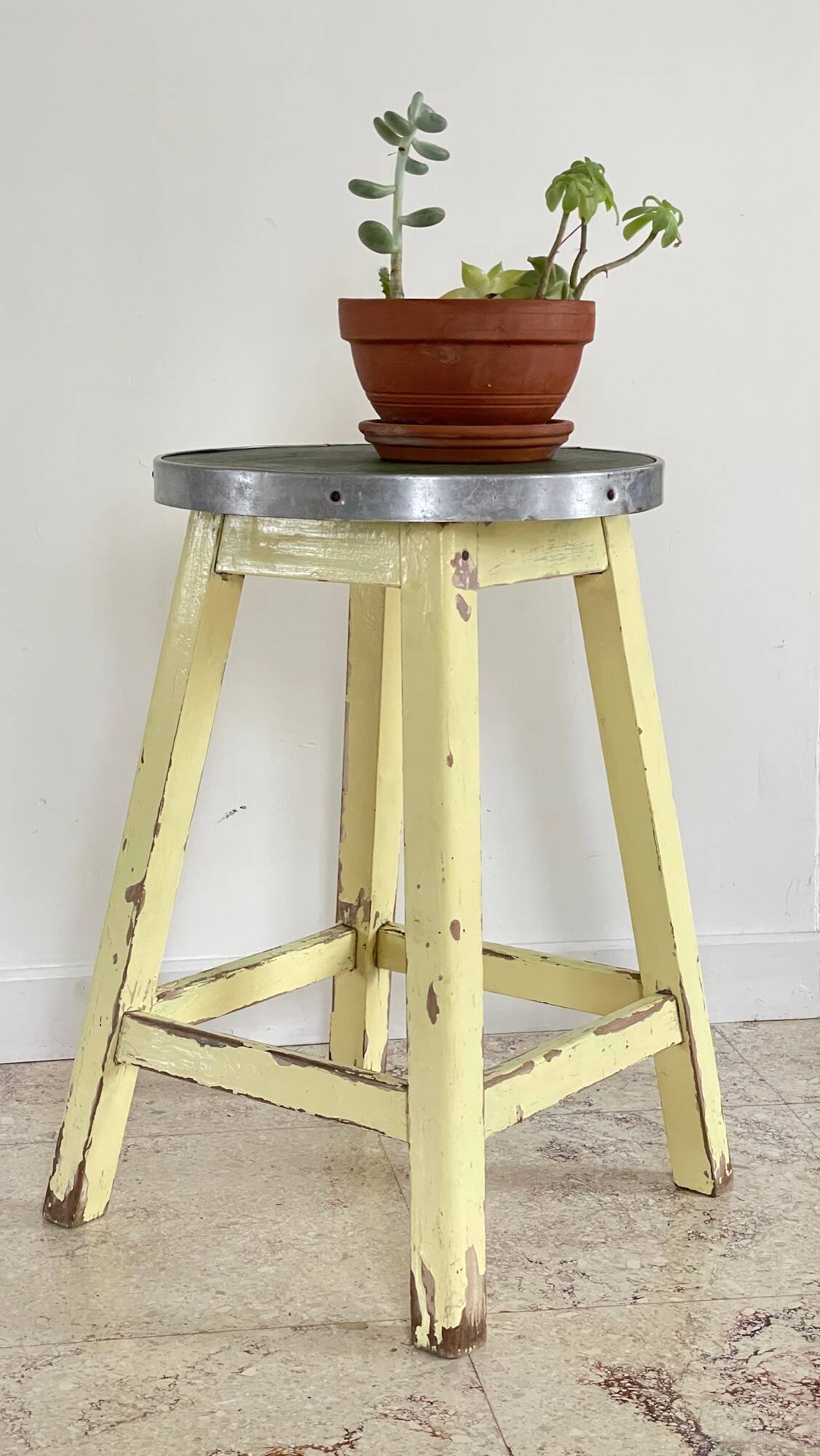 Vintage stool in solid oak green seat