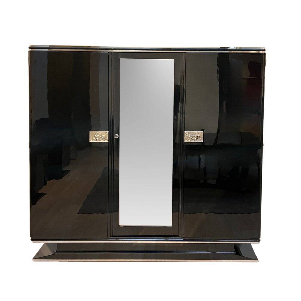 Armoire Art Déco en laque noire, acajou, chrome, France, années 1930