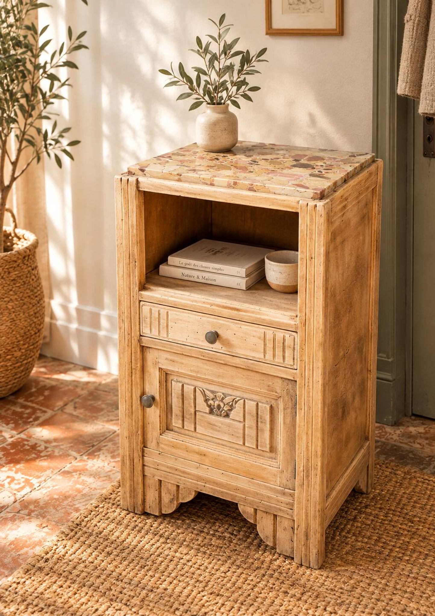 Small Art Deco bedside table in light wood with a terrazzo effect top.