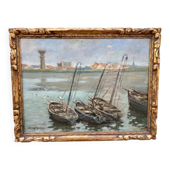 Painting signed henry roose - marine oil hunting basin blankenberge belgium