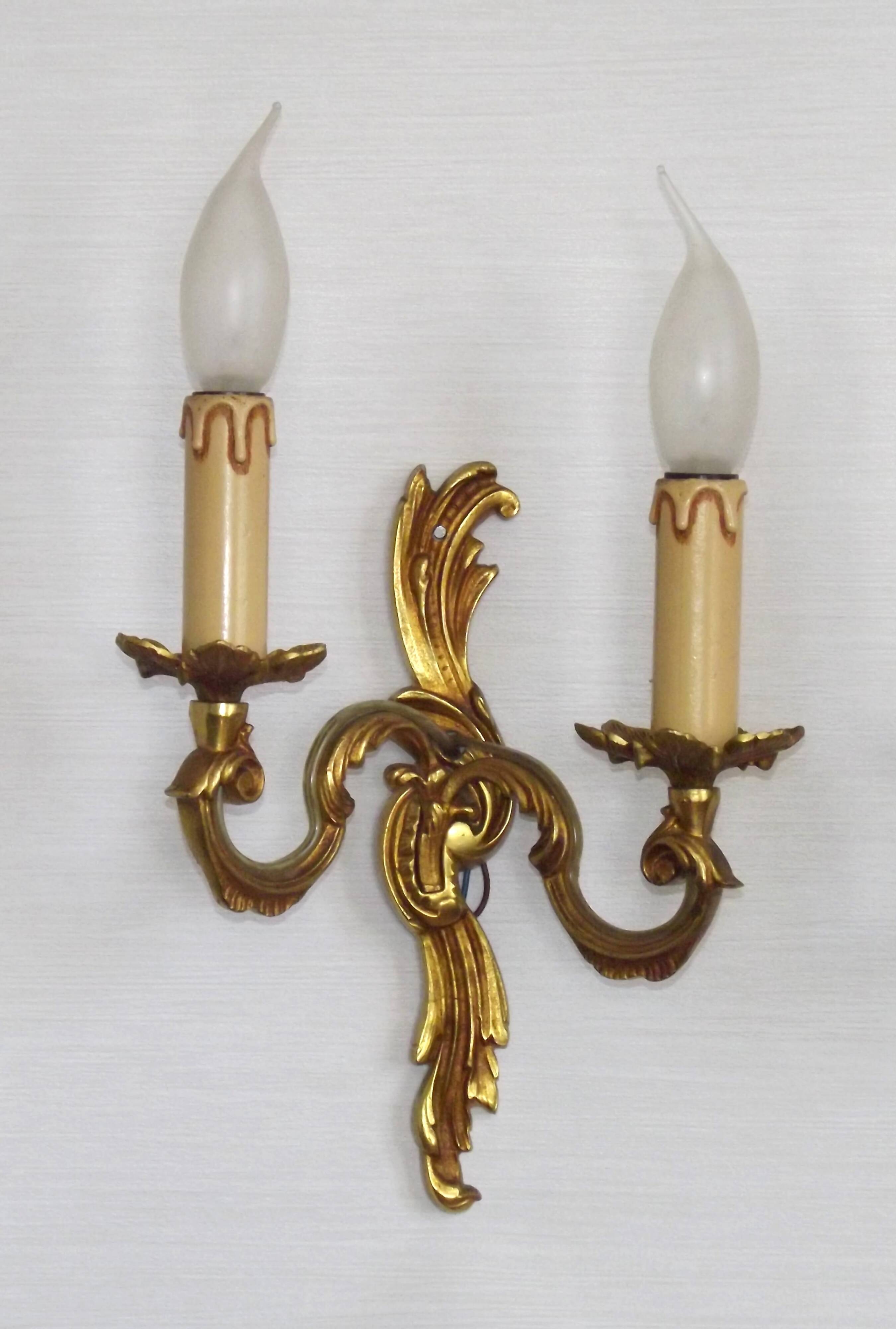 Stylish Vintage French Bronze Double Wall Sconces with Acanthus Leaf Detail