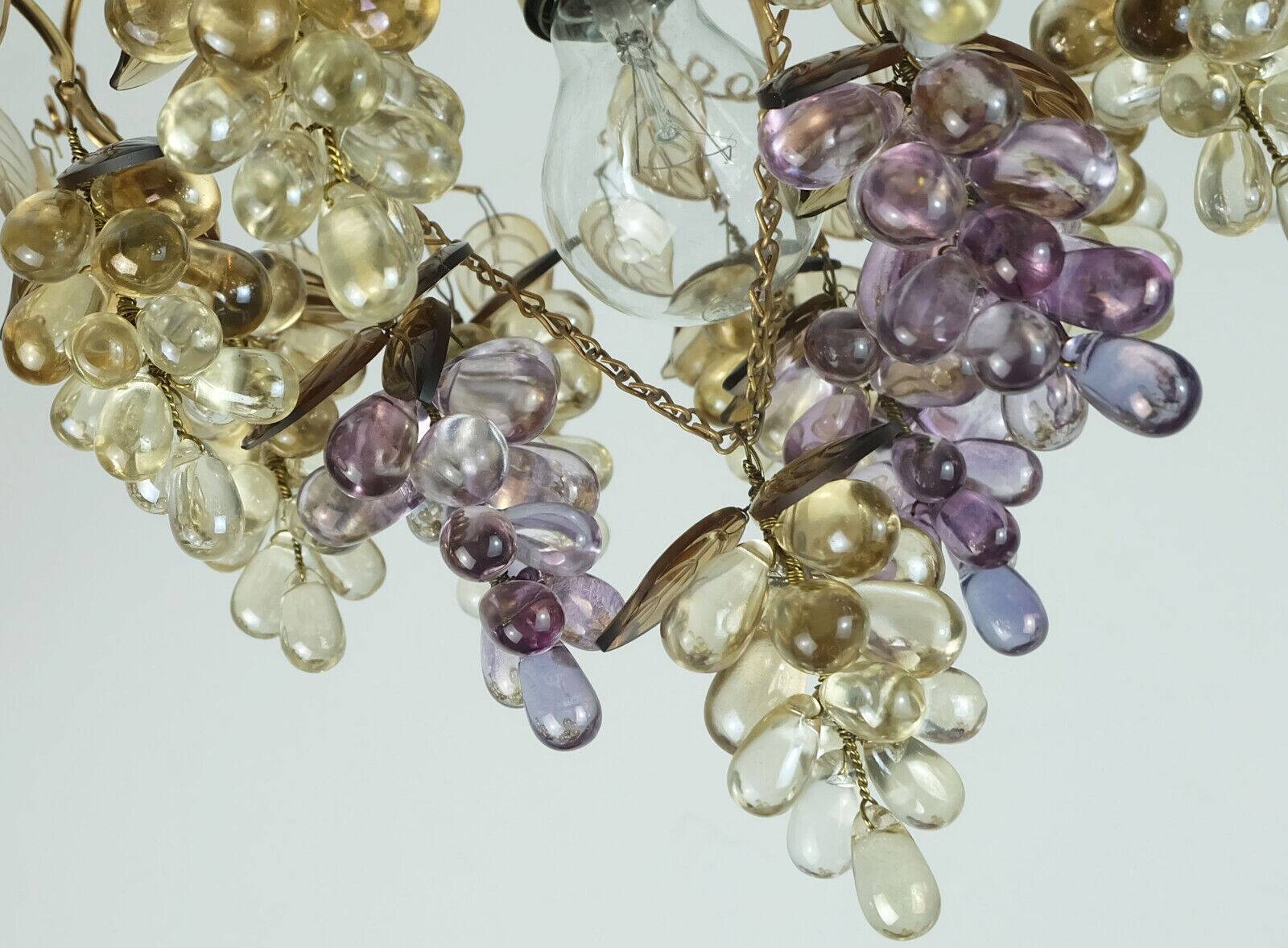 Very rare palwa mid century chandelier 1970s crystal glass and gilt brass grapes and leaves