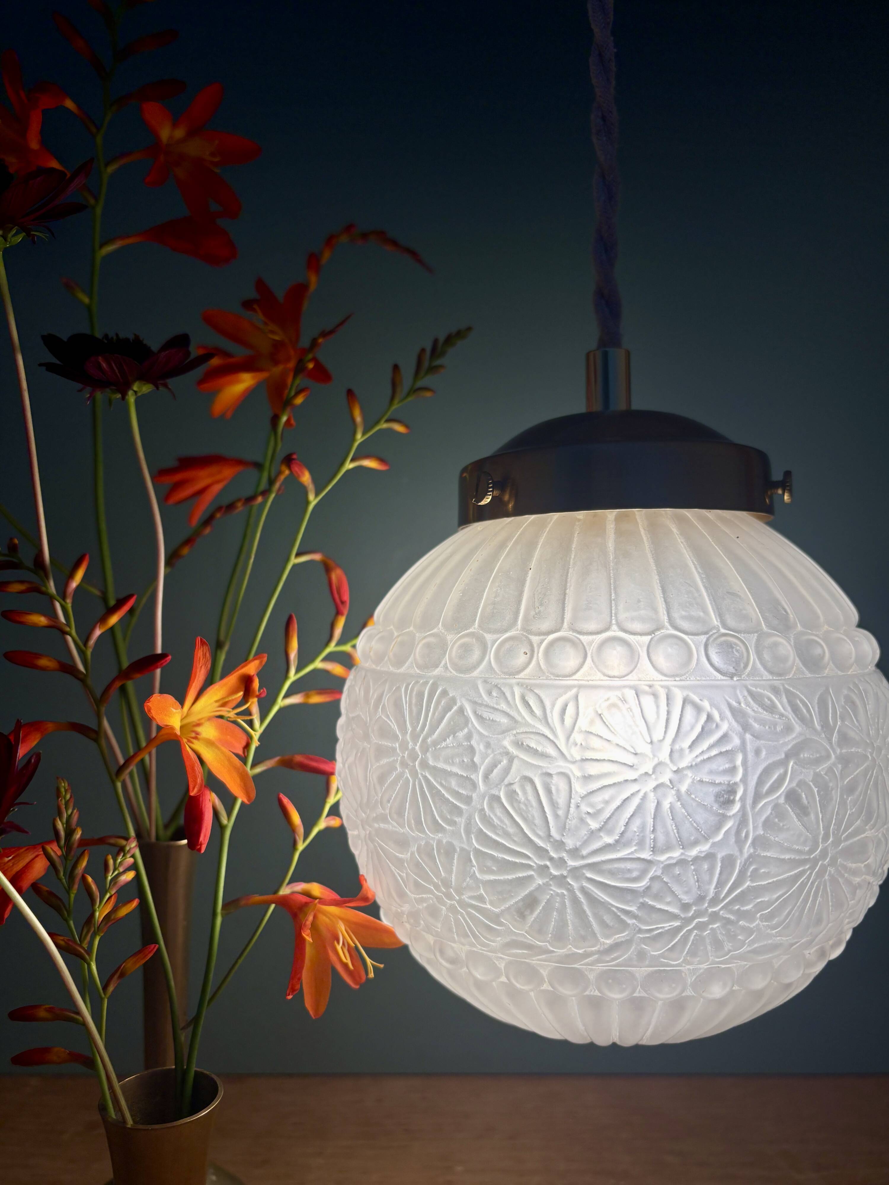 Vintage art deco frosted glass globe pendant light