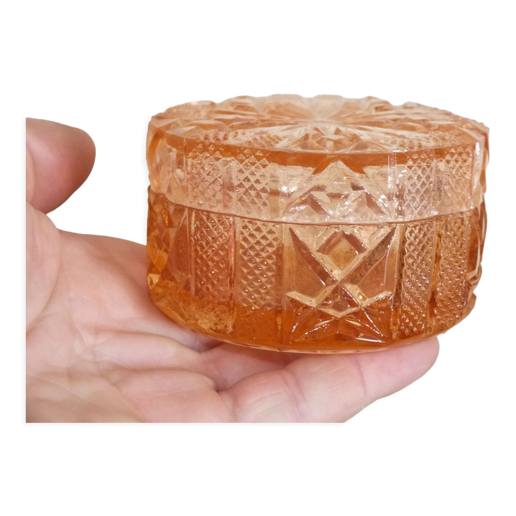 Pink tinted molded crystal powder box