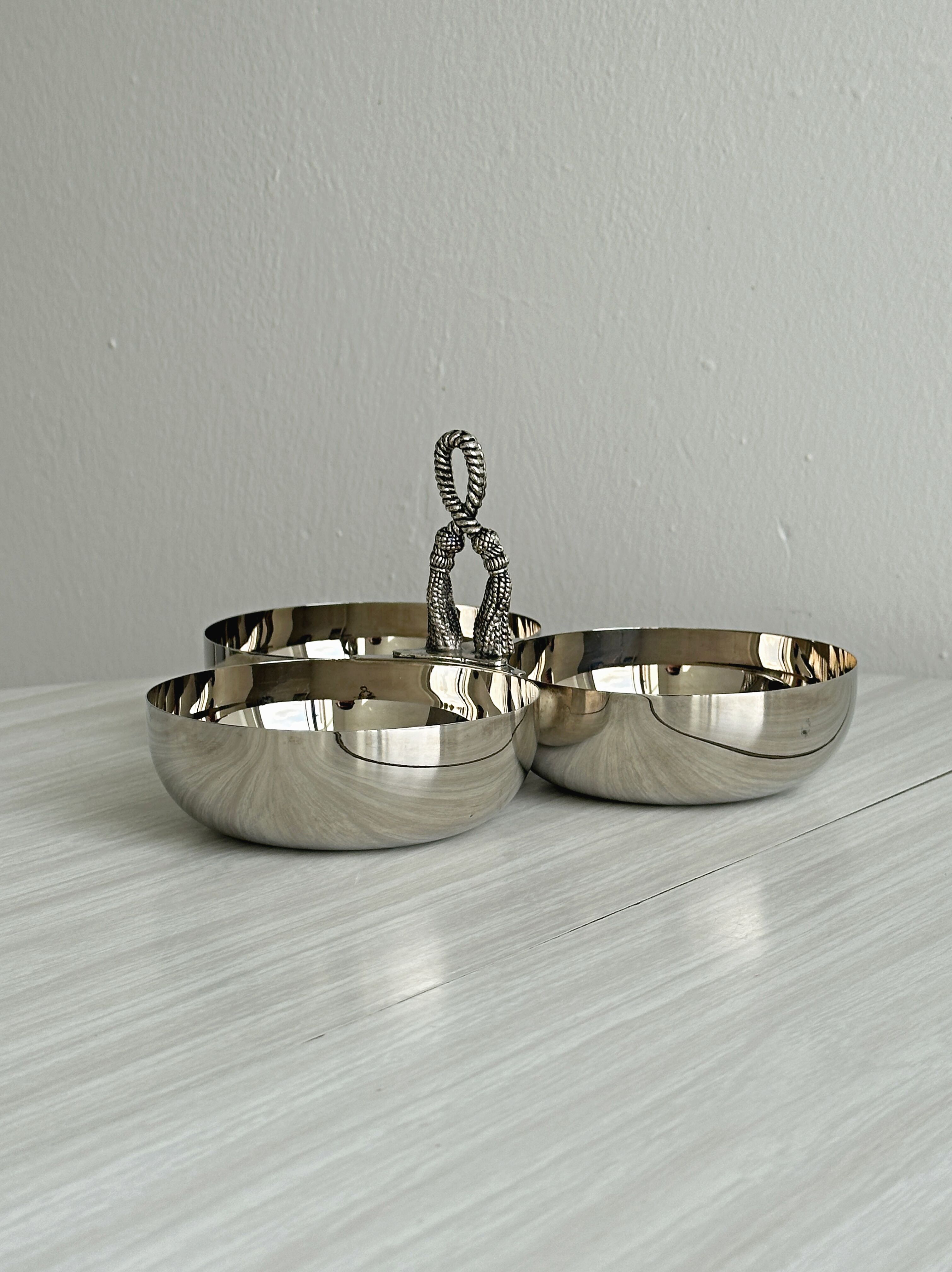 Silver stainless steel three-part serving platter
