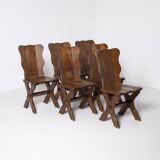 Set of 6 Dutch brutalist dining chairs in stained oak, 1970s