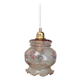 Vintage globe pendant in pink glass with flower designs