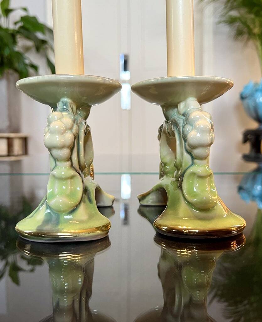 Paire de bougeoirs vintage - faïence céramique verte et bleue - bougies décoration
