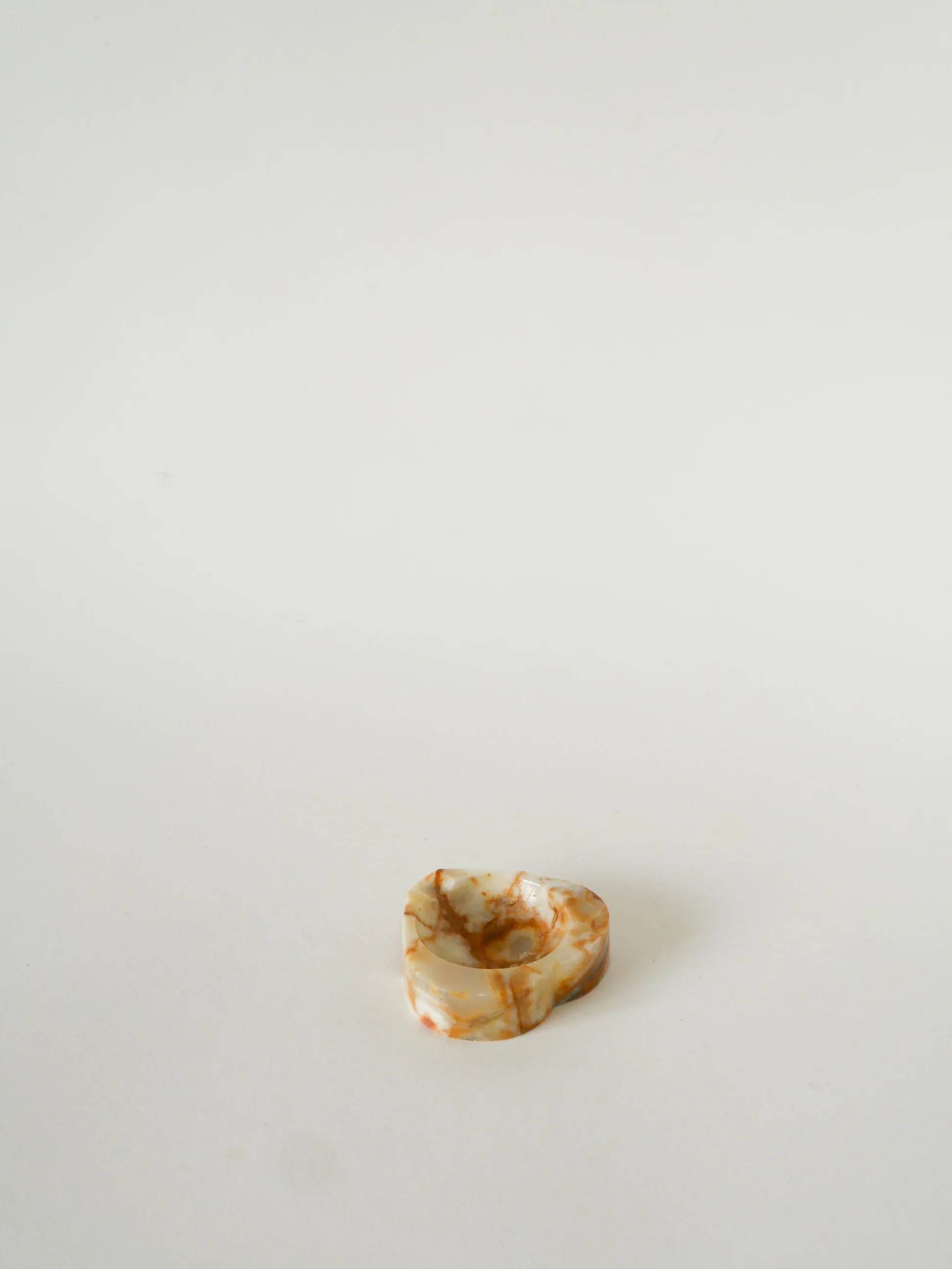 Alabaster catchall, heart shape, beige and brown, 1970.