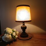 turned wooden table lamp, vintage leather shade