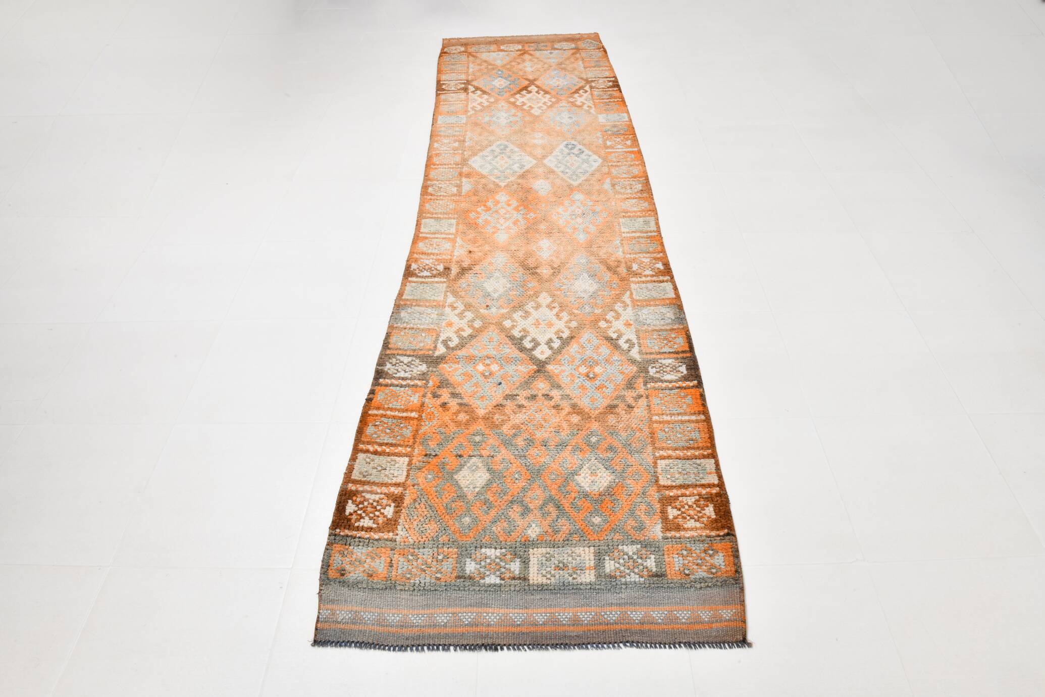 3x11 Orange Brown Tribal Turkish Vintage Runner Rug, 88x330Cm