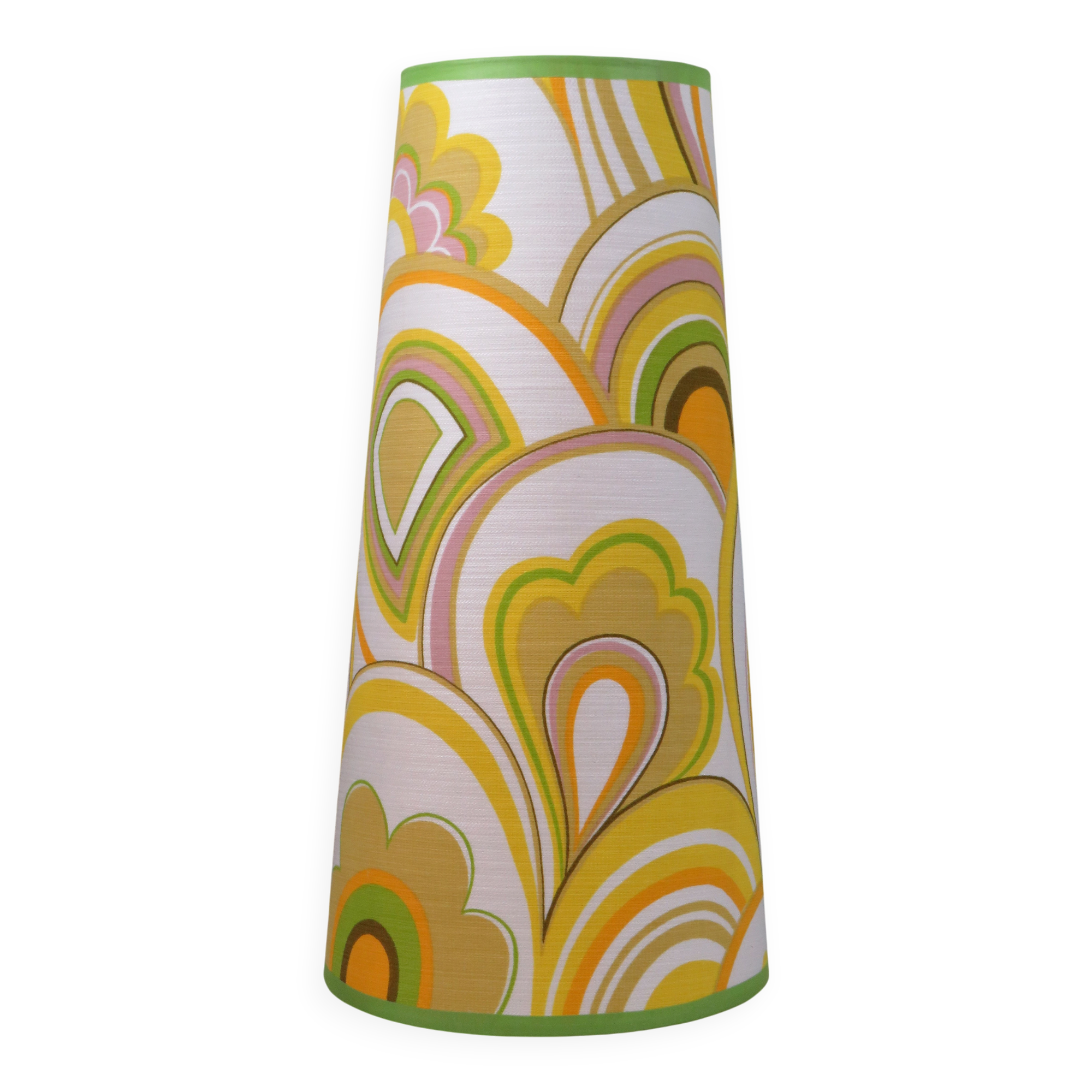 Large conical lampshade, recently made with vintage fabric.