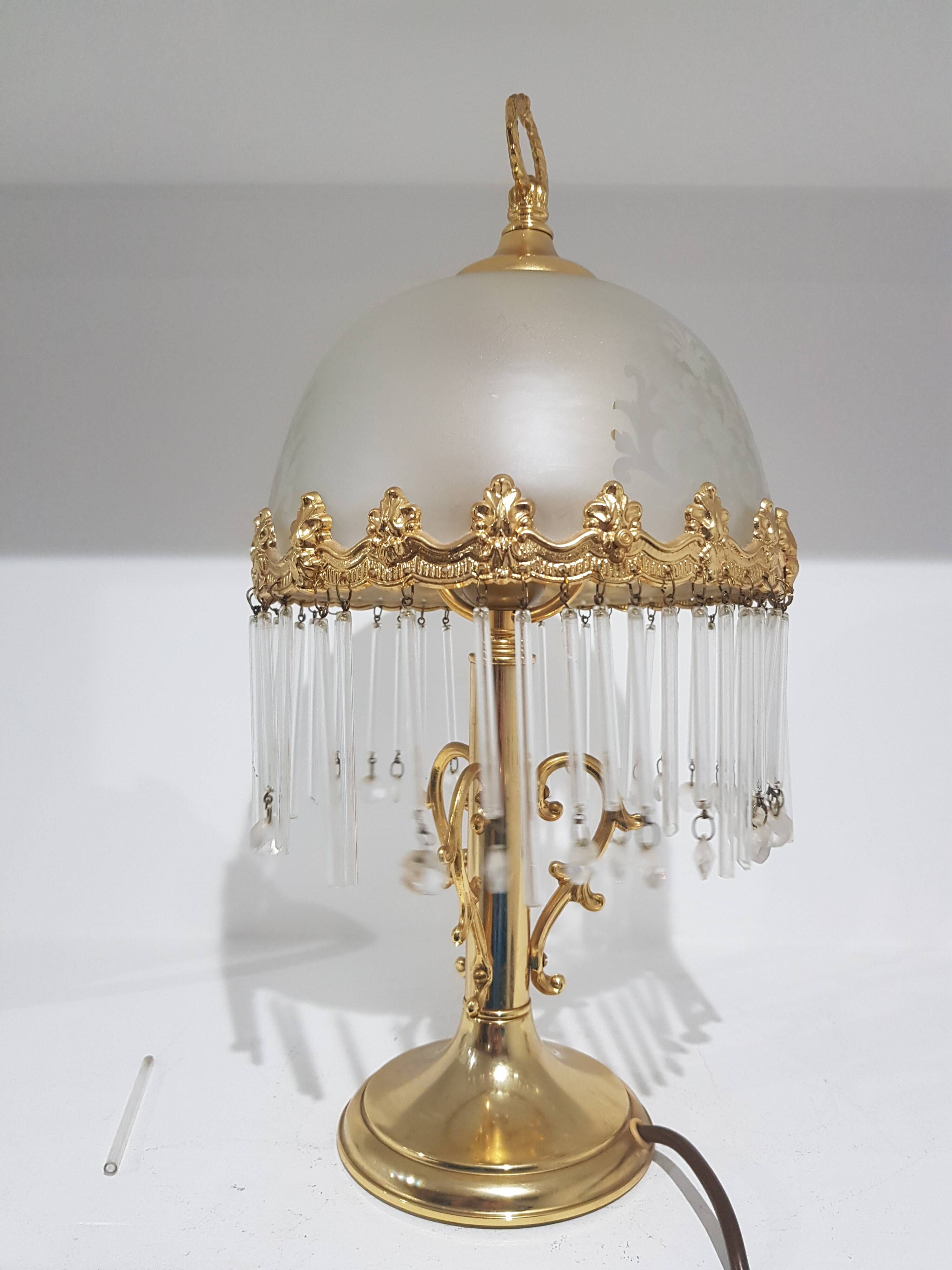 Lampe de table Peris Andreu, laiton doré, verre dépoli décoré, Espagne, années 60.