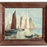 Tableau ancien, voiliers à l’entrée du port, signé années 60