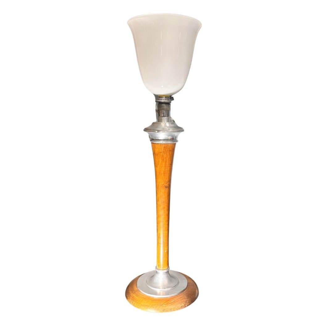 Lampe de table, bois et verre opalin, mazda, art déco, années 20 – france