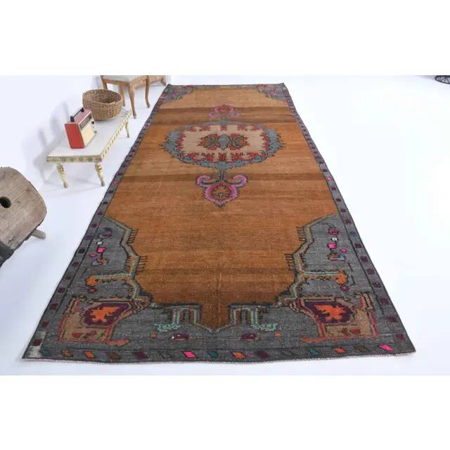 1970s Vintage Turkish Oushak Handmade Wool Cotton Brown Runner Rug 178x448