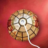 Vintage suspension in mother-of-pearl and brass with fruit decoration – retro light fitting from the 70s.