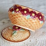 Vintage earthenware and slip candy box - Woven basket, burgundy flowers