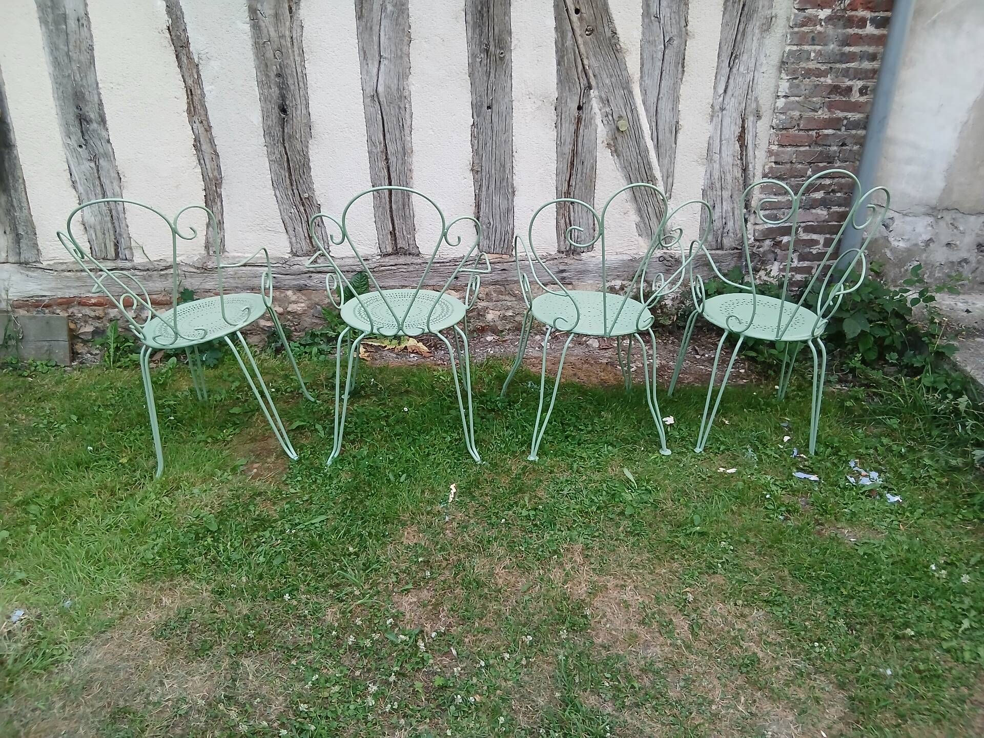 Salon de jardin 1 table 4 fauteuils fer forgé ancien vert Provence