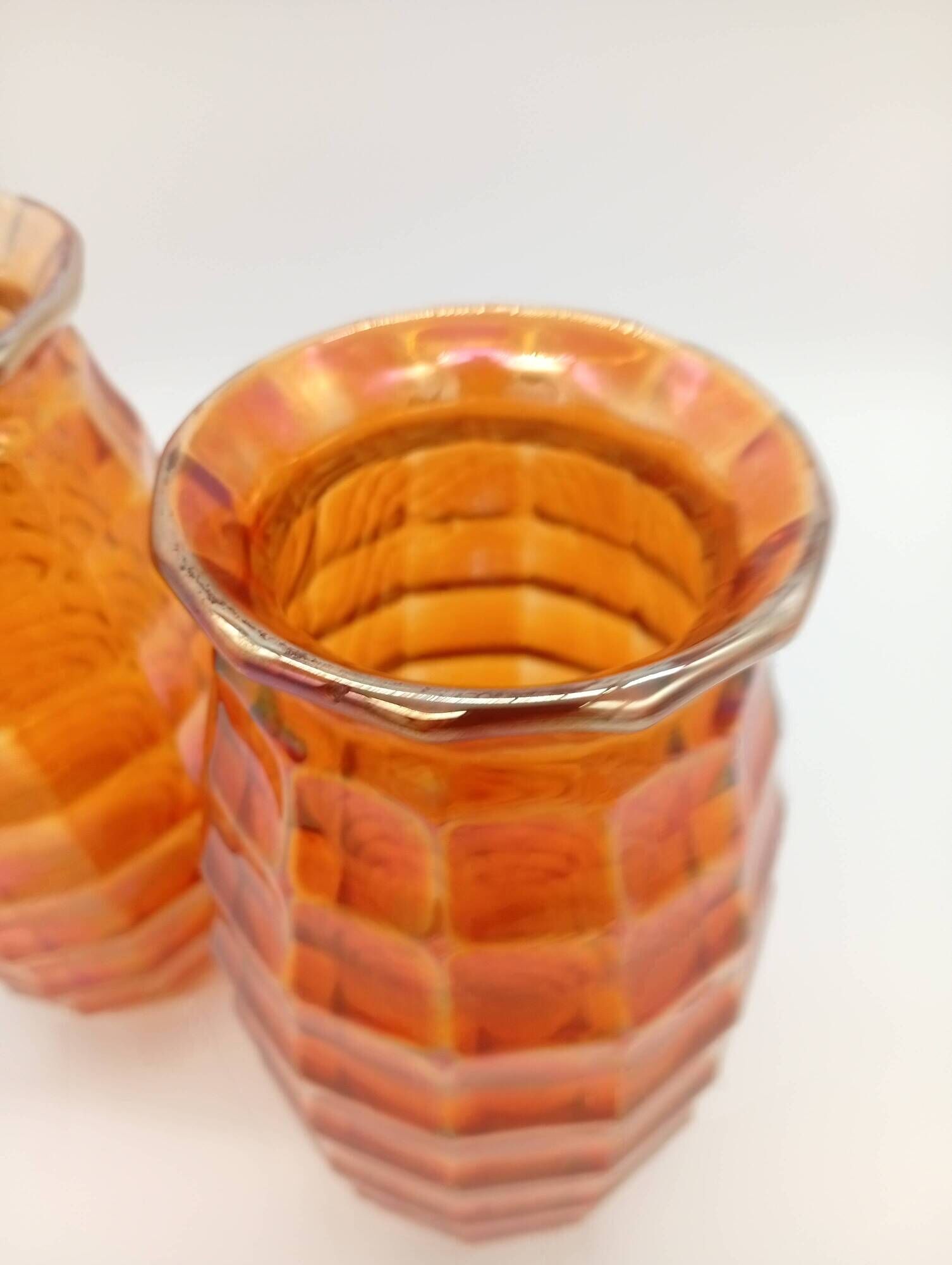 Paire Vases Art Déco Josef Invald Carnival Marigold Orange Irisé Jacobean