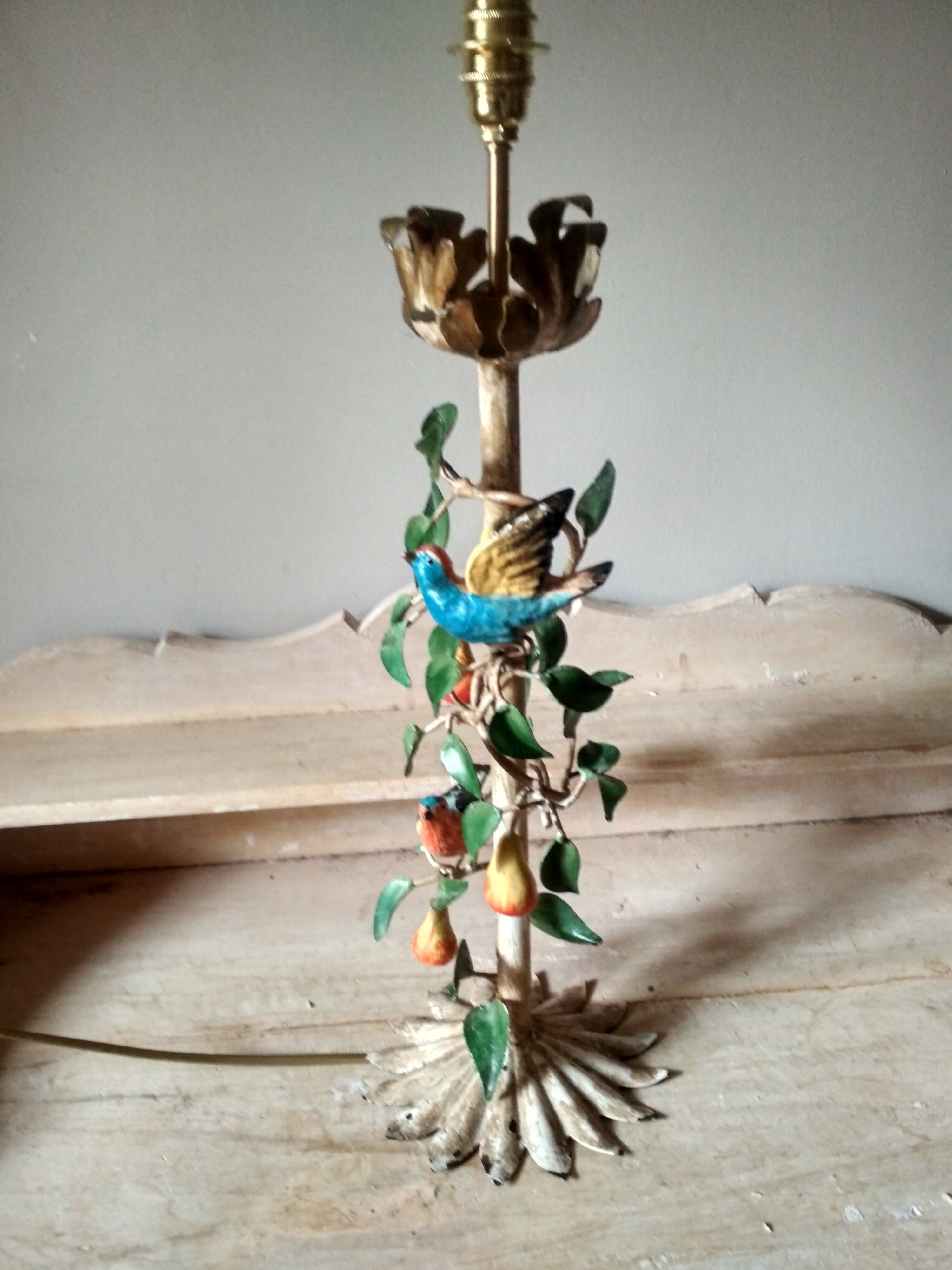 Painted metal candle holder lamp - wrought iron fruit and bird lamp base