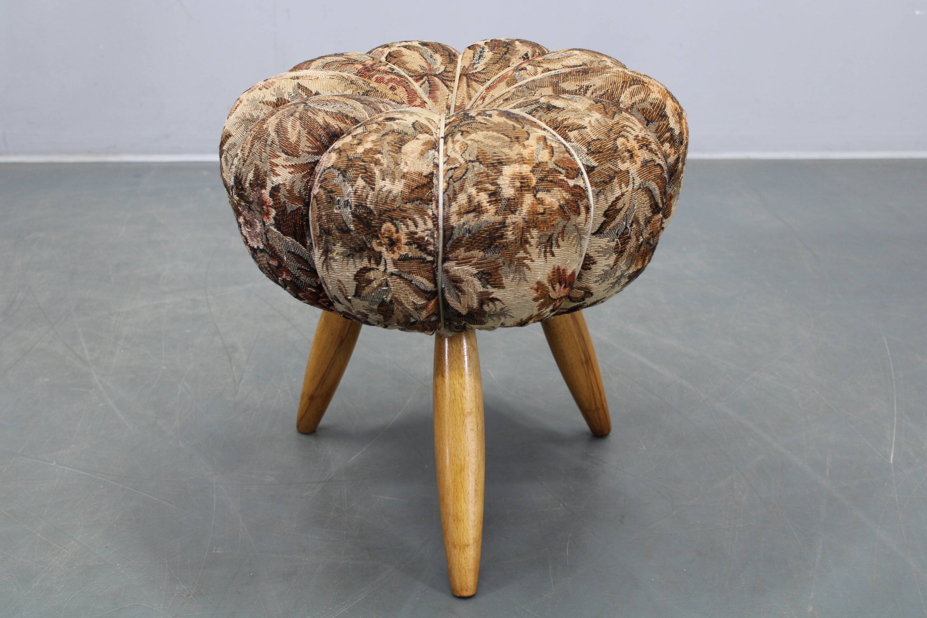 Mid-century Czech upholstered stool, beech wood, 1950s