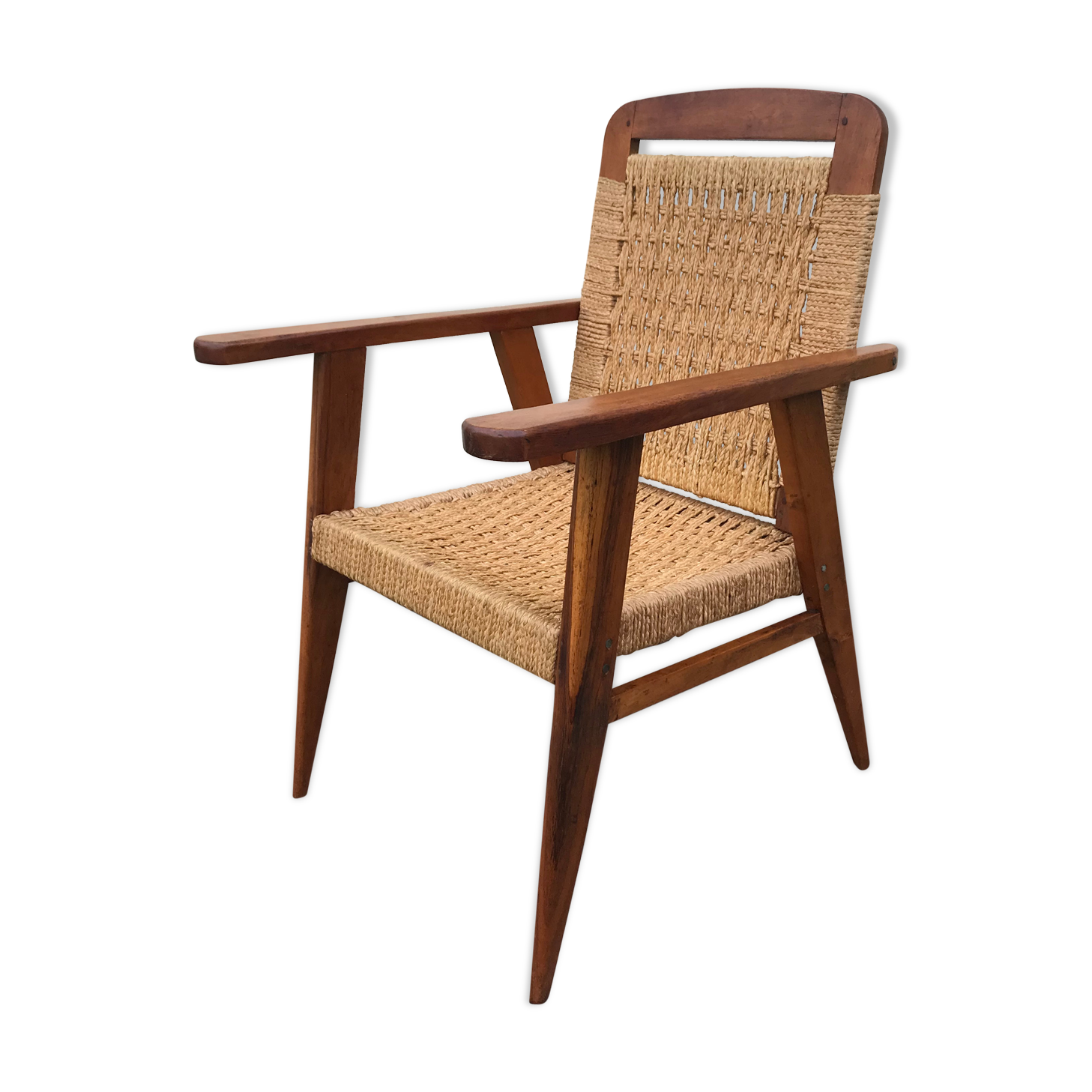 Vintage armchair 1940 in mahogany and braided rope