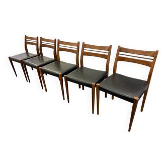 Lot 5 chaises scandinaves en teck et Skaï noir 1960