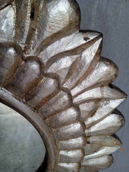 Carved wood sun mirror 40cm silver ep 1960