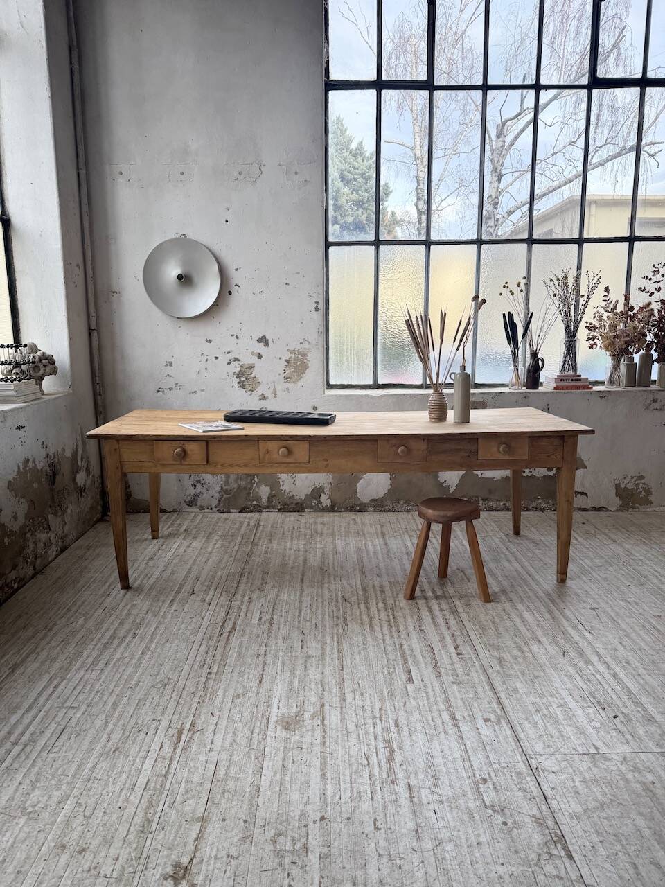 Pine and oak farmhouse table with multiple drawers, communal type, 240cm.