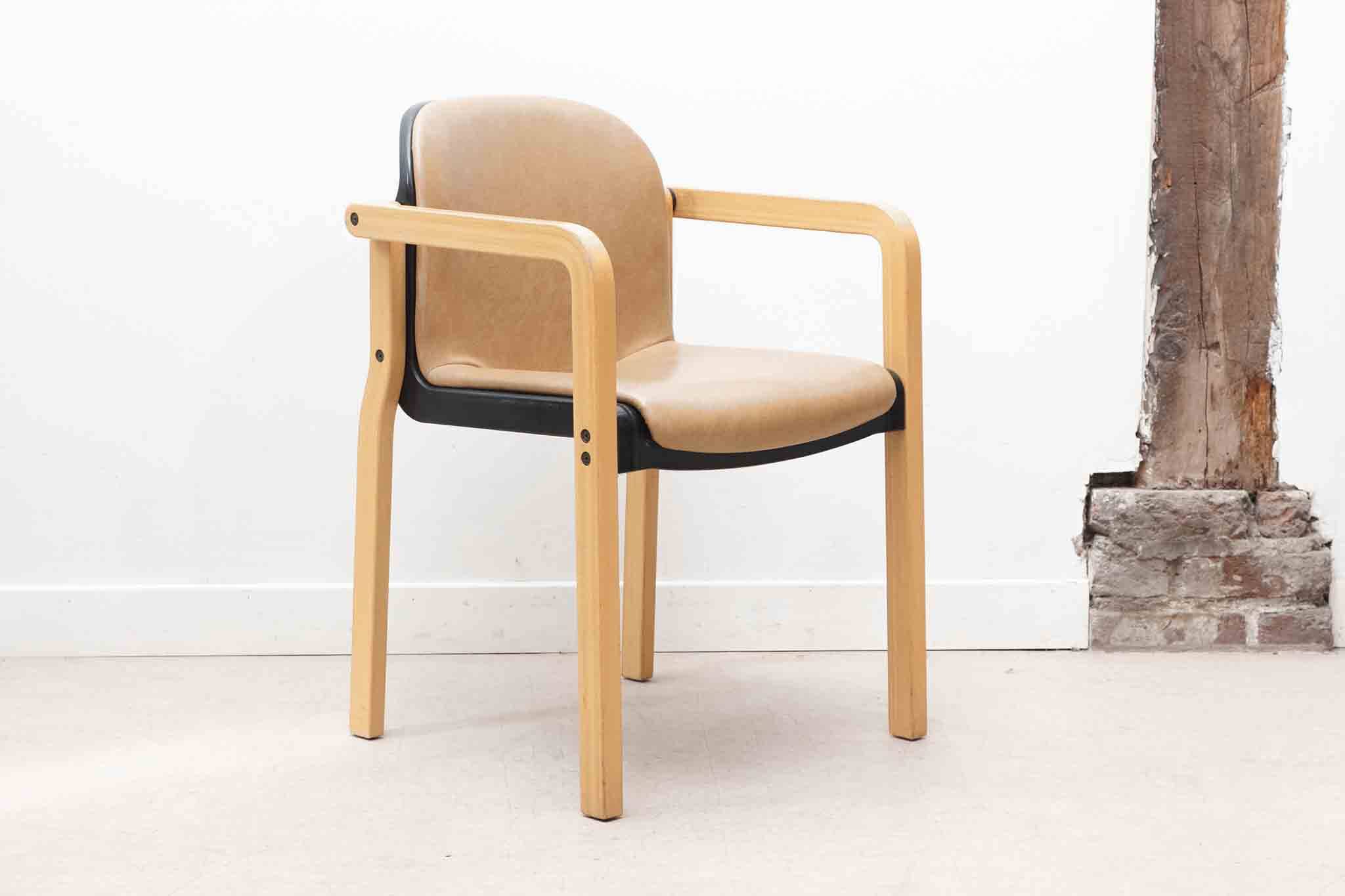 Kembo armchair in brown leatherette and beech