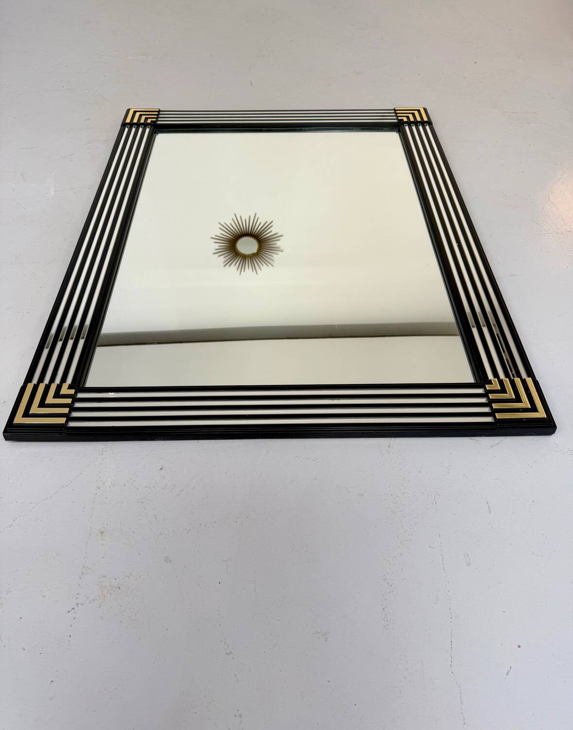 Grand miroir vintage année 70 design DEKNUDT décor géométrique bois