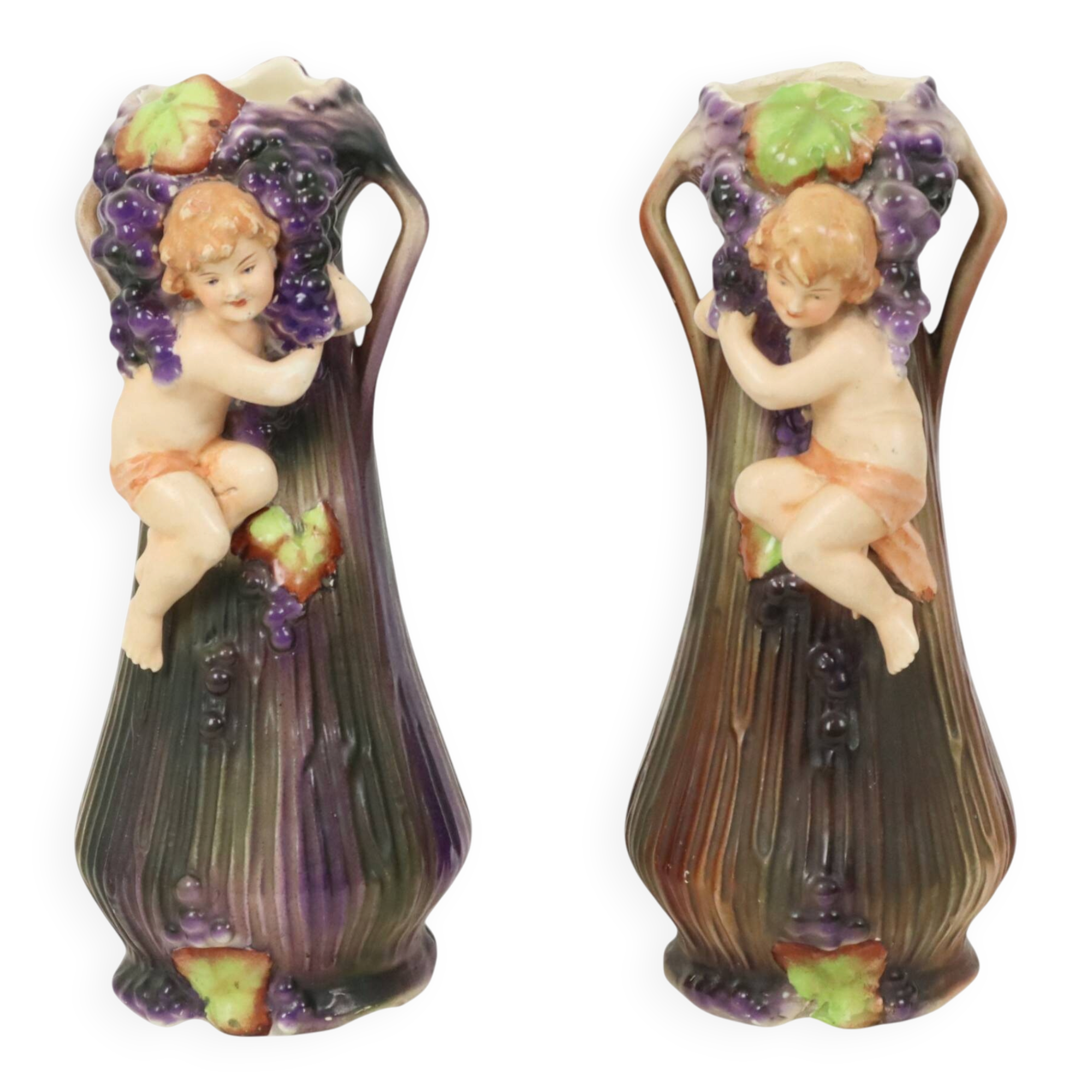 Art Nouveau Vases Putti Cherub Amphora Style Pottery