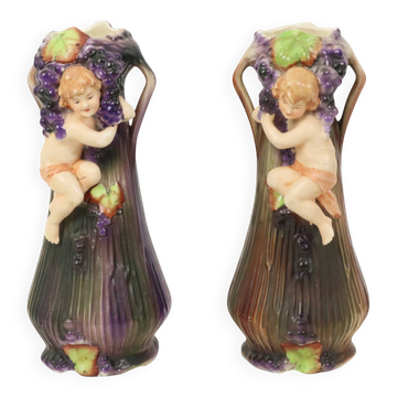 Art Nouveau Vases Putti Cherub Amphora Style Pottery