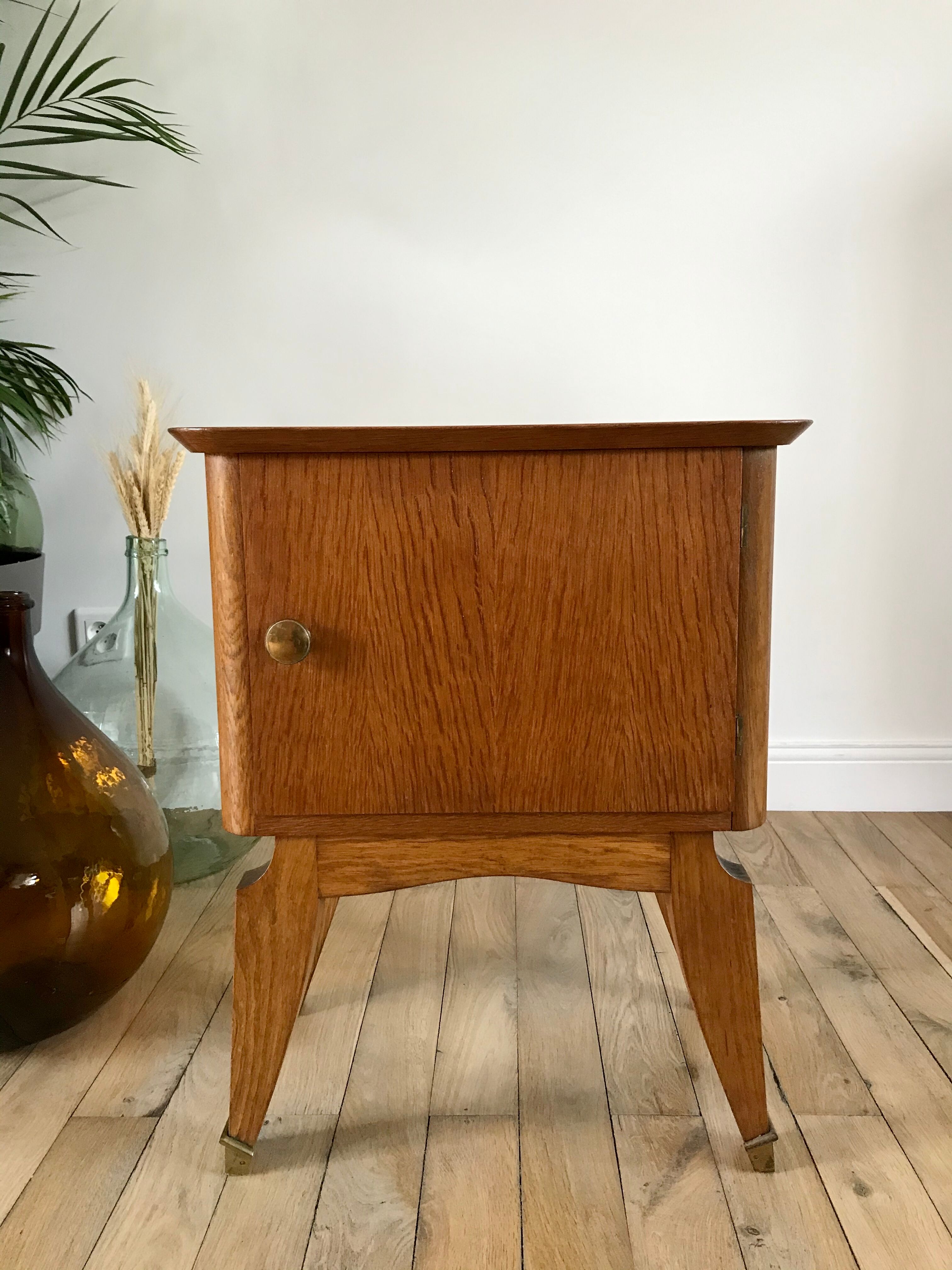 Bedside table in oak and brass 50s