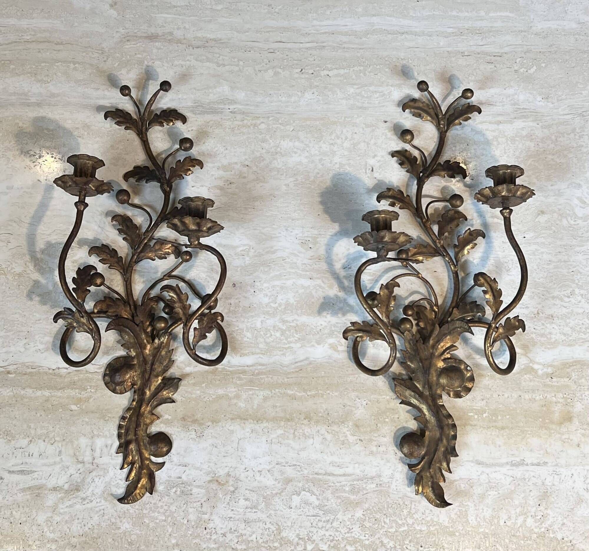 Pair of Two-Arm Wall Lights in Gold Metal with Leaf Decoration